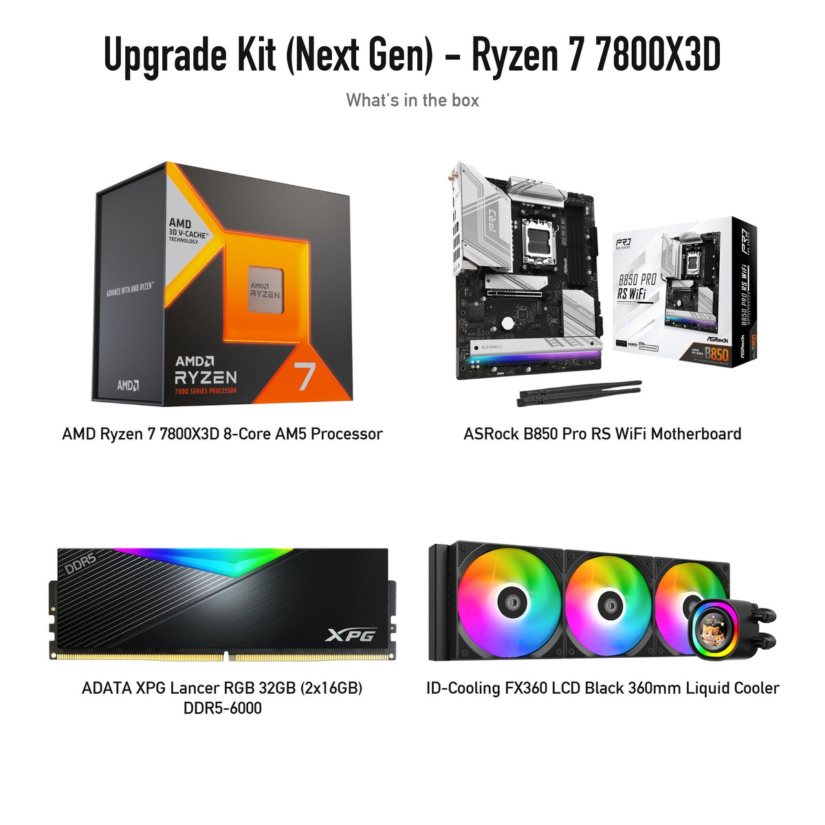 Upgrade Kit: Ryzen 7 7800X3D, ASRock B850 Pro RS WiFi, ADATA XPG Lancer RGB 32GB DDR5-6000, ID-Cooling FX360 LCD Black (kit contents; supplier product photos)